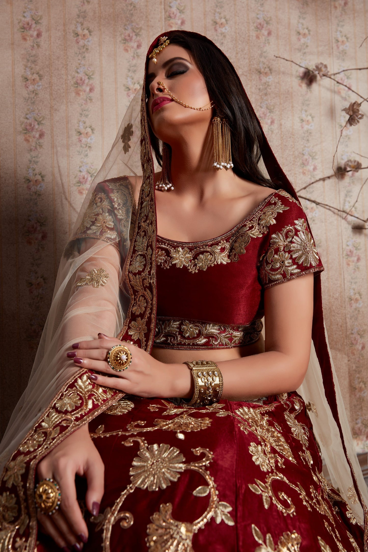 Maroon Pakistani Velvet Lehenga Choli For Indian Festivals & Weddings - Sequence Embroidery Work, Lace Work, Zari Work