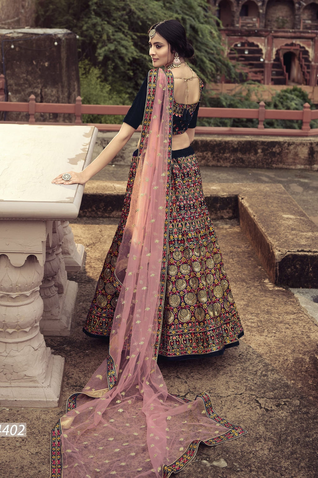 Navy Blue Pakistani Velvet Lehenga Choli For Indian Festivals & Weddings - Sequence Embroidery Work, Thread Embroidery Work, Zari Work, Zarkan Work