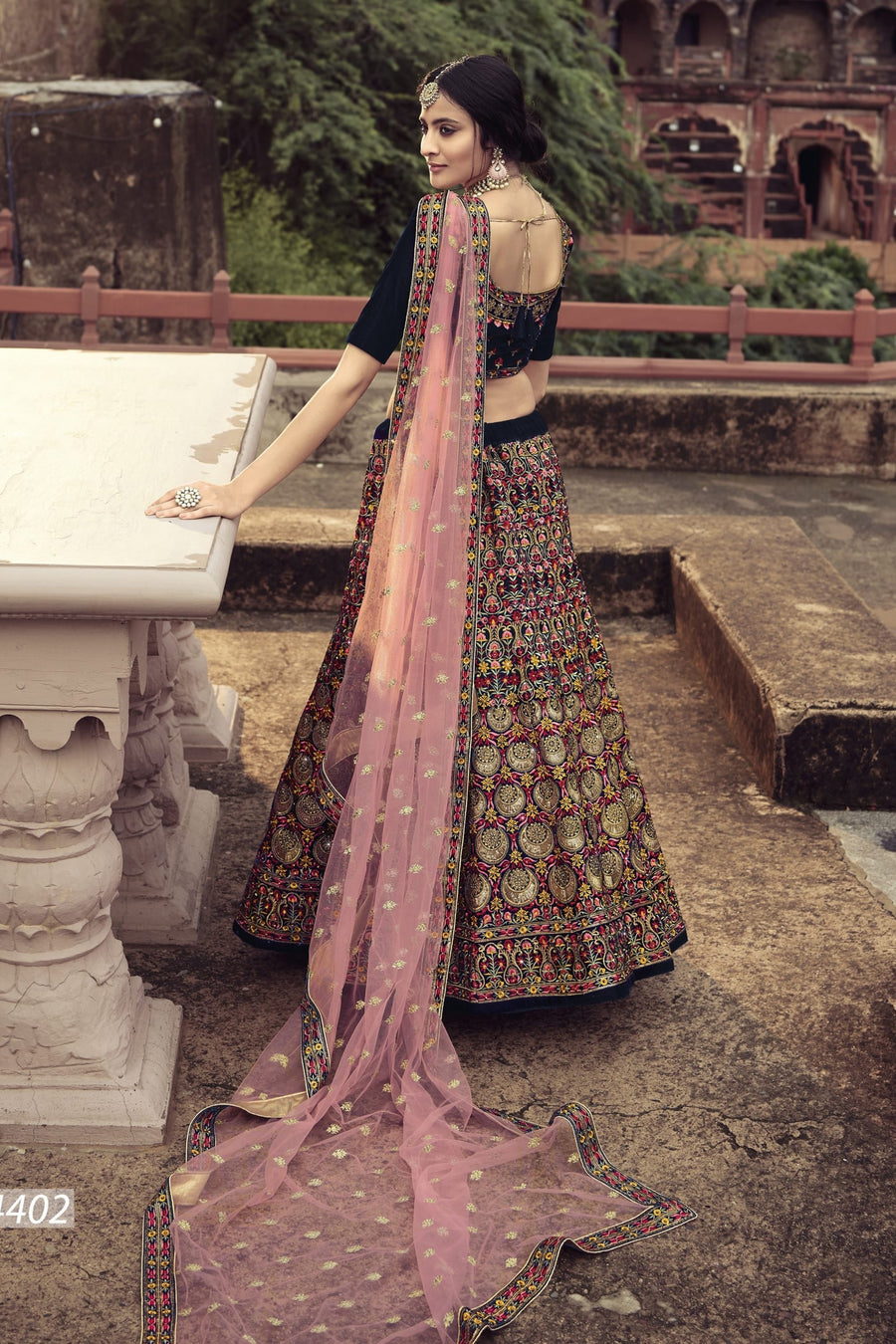 Navy Blue Pakistani Velvet Lehenga Choli For Indian Festivals & Weddings - Sequence Embroidery Work, Thread Embroidery Work, Zari Work, Zarkan Work