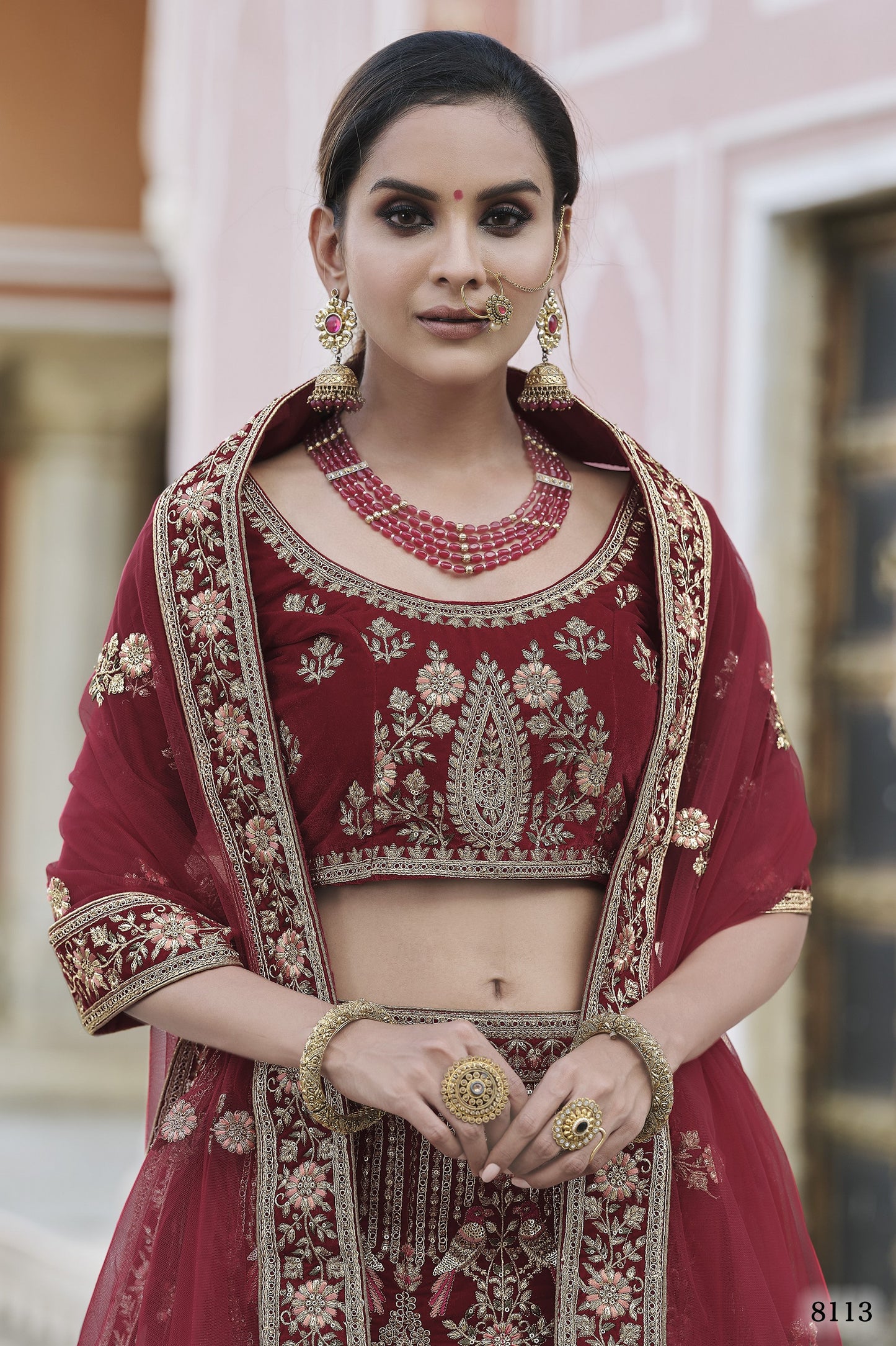 Maroon Pakistani Velvet Lehenga Choli For Indian Festivals & Weddings - Thread Embroidery Work,