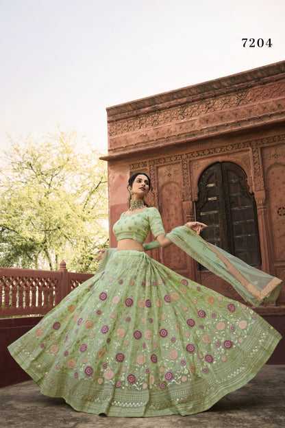 Pista Pakistani Organza Lehenga Choli For Indian Festivals & Weddings - Thread Embroidery Work, Dori Work, Zarkan Work