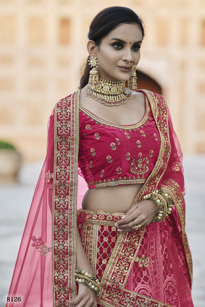 Pink Pakistani Velvet Lehenga Choli For Indian Festivals & Weddings - Thread Embroidery Work,