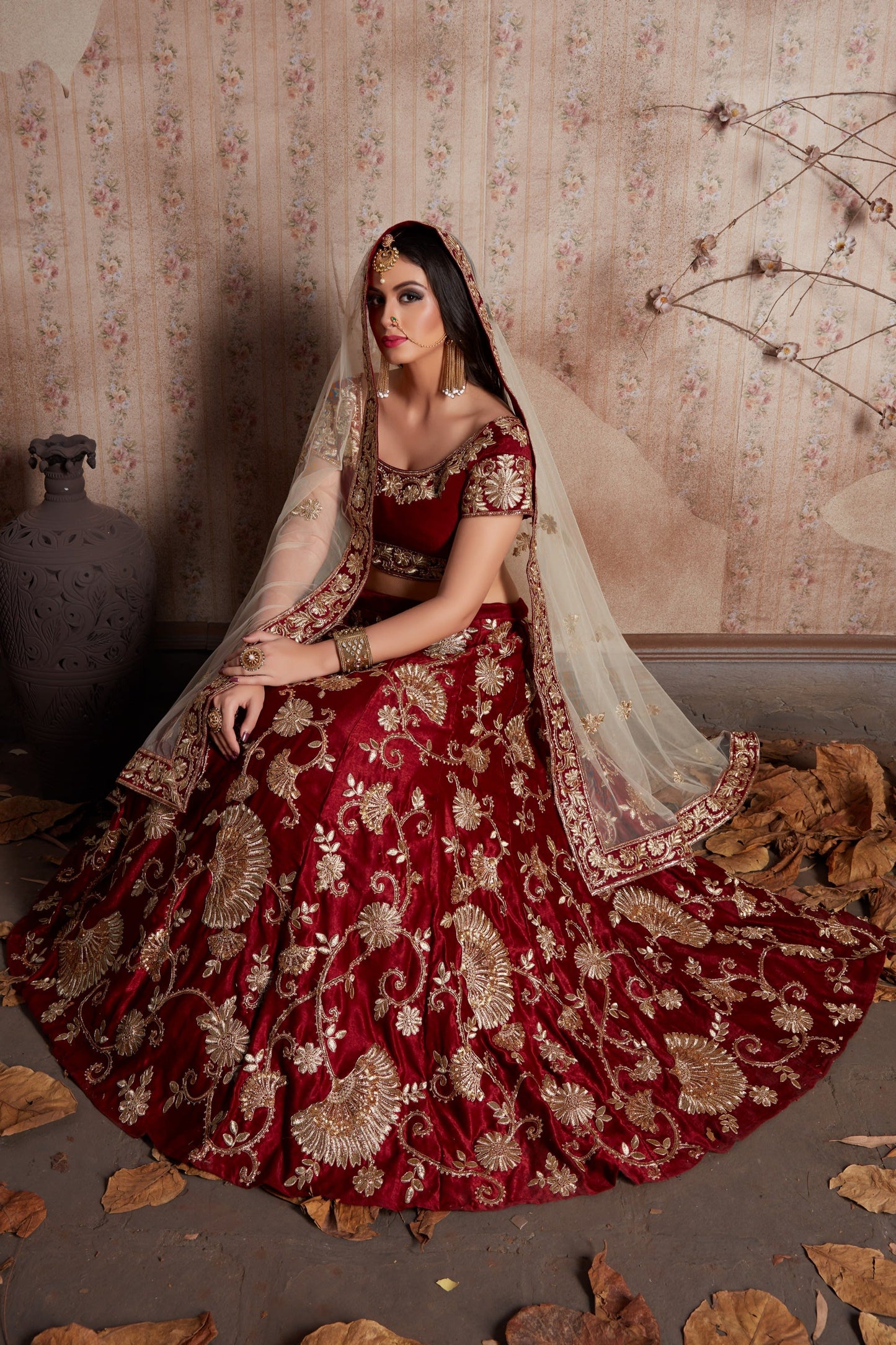 Maroon Pakistani Velvet Lehenga Choli For Indian Festivals & Weddings - Sequence Embroidery Work, Lace Work, Zari Work